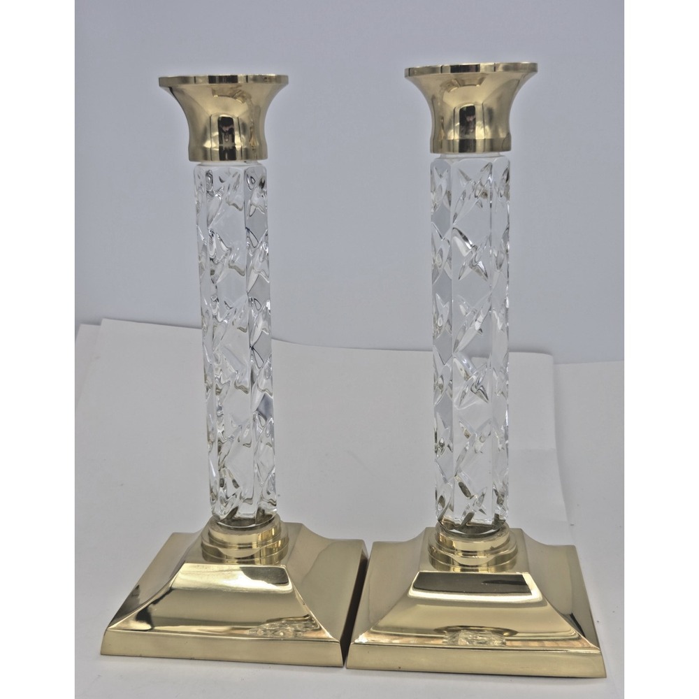 Waterford Crystal & Brass Cambridge Candle Holders Set Of Two 11-Inch
